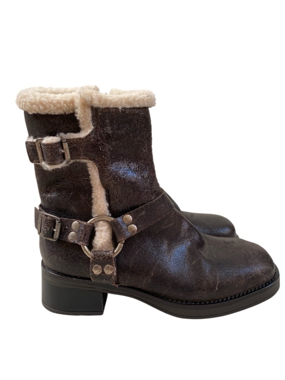 Steve Madden New Brixton Brown Distressed Leather Faux Fur Moto Boots Women’s 8